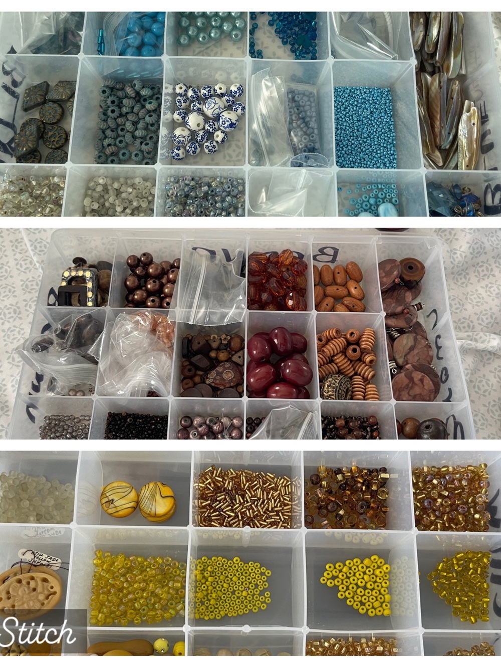 3 Containers of Beads— Blue, Brown & Yellow Accent Beads